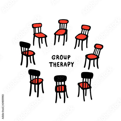 Vector illustration of hand drawn chairs arranged in a circle. Beautiful illustration of a group therapy process.
