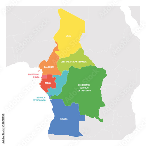 Central Africa Region. Colorful map of countries in central part Africa. Vector illustration