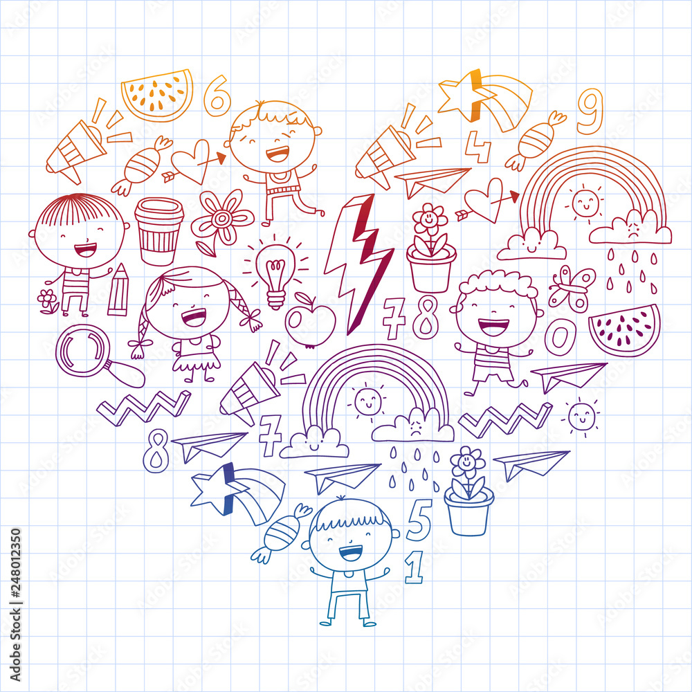 Obraz premium School kindergarten children. Play, learn and grow. Education and games. Cool boys and girls vector illustration.
