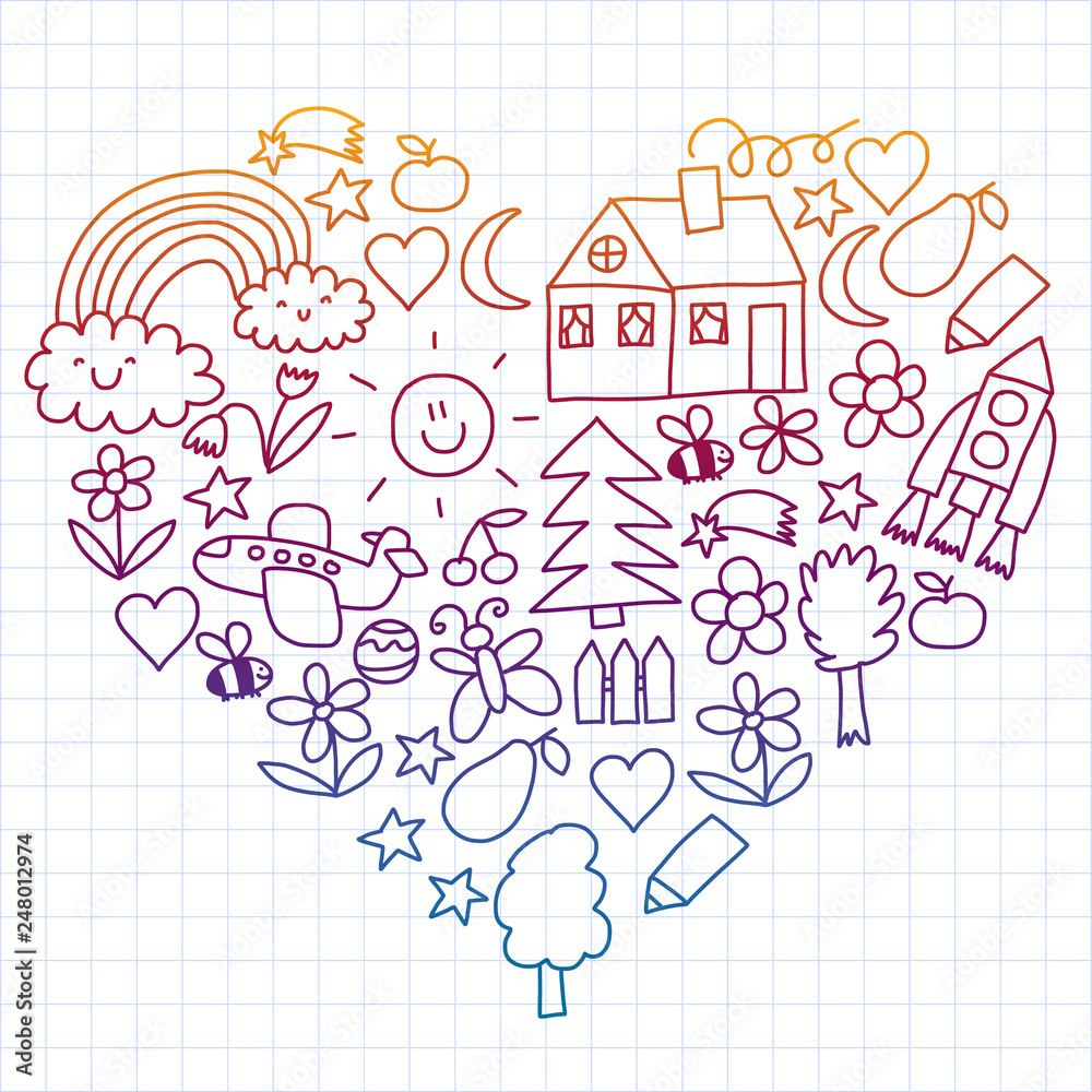 Fototapeta premium Children drawing. Colorful vector pattern with toys, space, planet
