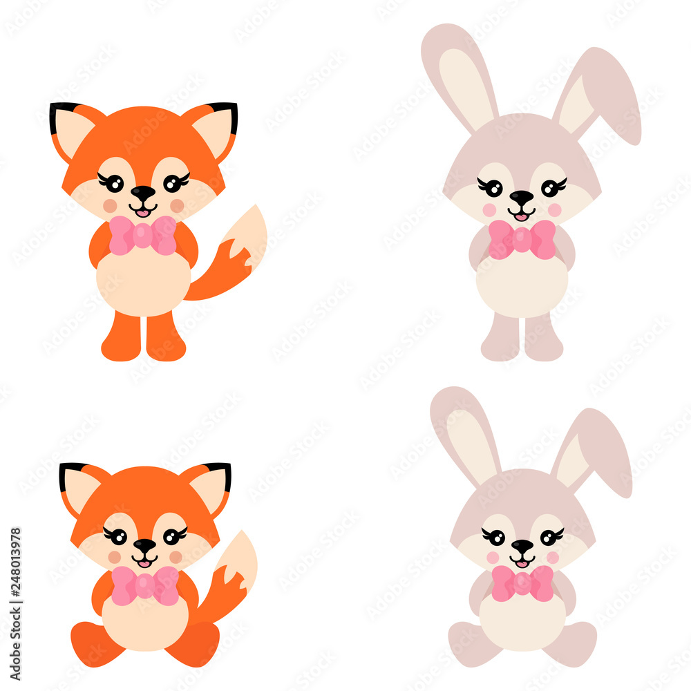 cartoon cute bunny and fox sits vector cartoon cute bunny and fox sits vector