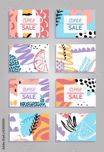 Super sale colorful collage backgrounds set. Hand drawn templates for card, flyer and invitation design. Vector illustration.