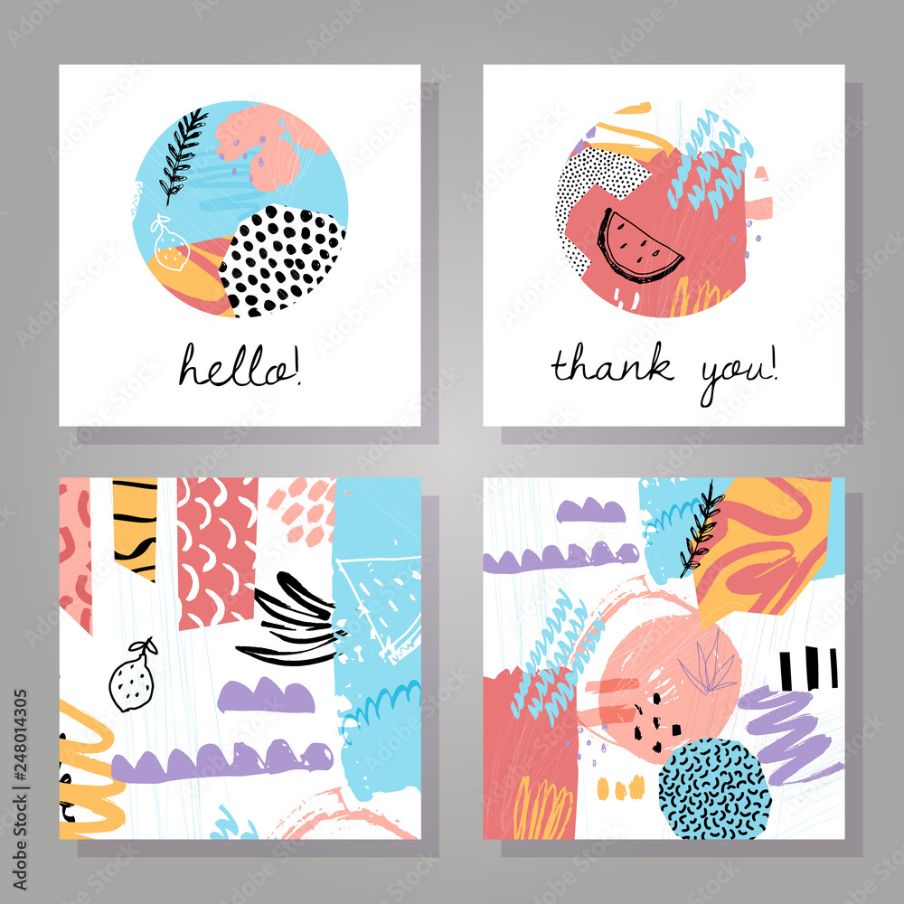 Abstract colorful backgrounds set. Hand drawn templates for card, flyer and invitation design. Vector illustration. Hello and thank you lettering.