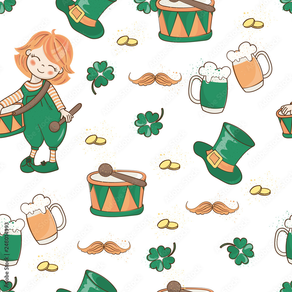 DRUM AND HAT Saint Patrick's Day Cartoon Seamless Pattern Vector Illustration for Print, Fabric and Decoration.