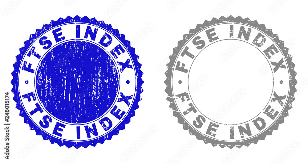 Grunge FTSE INDEX stamp seals isolated on a white background. Rosette seals with grunge texture in blue and grey colors. Vector rubber overlay of FTSE INDEX label inside round rosette. Grunge FTSE INDEX stamp seals isolated on a white background. Rosette seals with grunge texture in blue and grey colors. Vector rubber overlay of FTSE INDEX label inside round rosette.