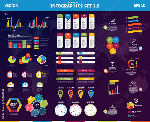 Infographic vector mega set. Rich collection of elements for marketing presentation, business reports, data visualisation, quality layout templates, data analytics or other projects.