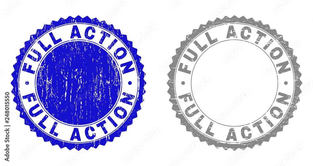 Grunge FULL ACTION stamp seals isolated on a white background. Rosette seals with grunge texture in blue and gray colors. Vector rubber stamp imitation of FULL ACTION caption inside round rosette.