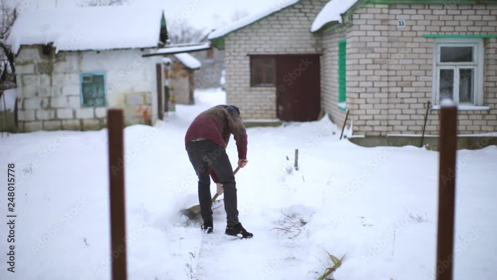 A man with a shovel cleans snow. A man in a sweater cleans snow. A man cleans the snow in the yard. A man with a shovel cleans snow. A man in a sweater cleans snow. A man cleans the snow in the yard.