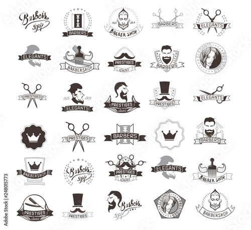 Set of vintage barbershop emblems, labels, badges, logos. Vector collection of hand drawn barbershop tools and accessories with hipster model man.