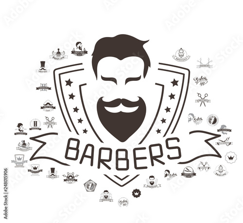 Set of vintage barbershop emblems, labels, badges, logos. Vector collection of hand drawn barbershop tools and accessories with hipster model man.