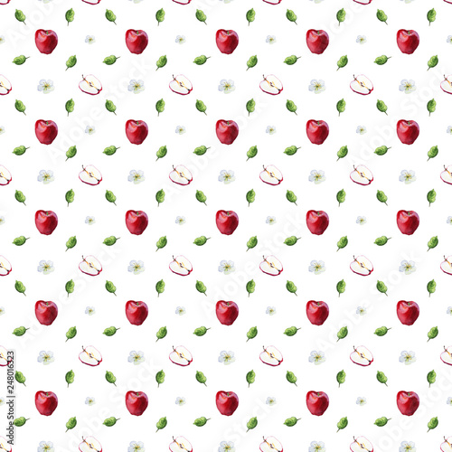 Fototapeta Naklejka Na Ścianę i Meble -  Watercolor pattern of red apples, leaves and blossoms