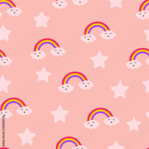 Cloud Rainbow Star and Sun Cute Seamless Repeat Pattern, Laughter Fun Care Joy, Love for Two, Cartoon Vector EPS 10 Illustration Wallpaper. Nursery Background for Kid Room.