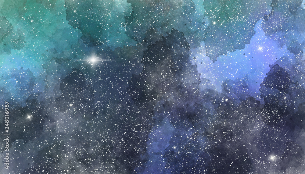 Blue watercolor space background. Illustration painting
