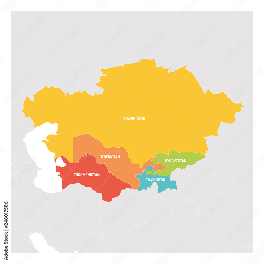 Central Asia Region. Colorful map of countries in central part of Asia. Vector illustration