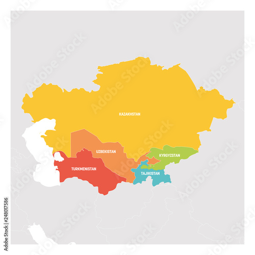 Central Asia Region. Colorful map of countries in central part of Asia. Vector illustration
