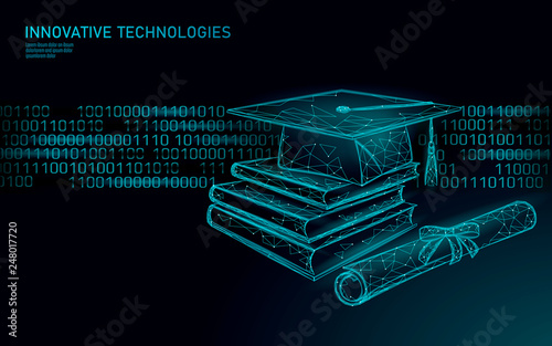 Machine learning 3D low poly technology business concept. Neural network training artificial intelligence. Graduation cap, books, diploma polygonal modern design banner template vector illustration