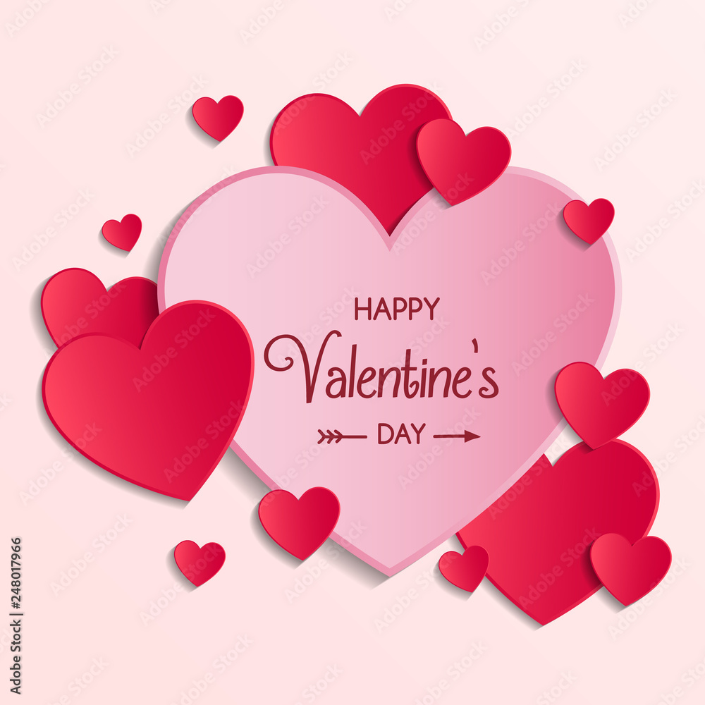 Happy Valentine's Day greeting card with paper cut hearts. Vector