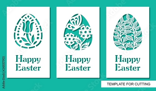 Set of greeting card with eggs and words Happy Easter. Floral pattern and plant theme. White object on a green background. Template for laser cutting, wood carving, paper cut or printing.