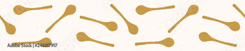 Cute wooden spoon kitchen utensil illustration. Seamless vector border. Hand drawn spatula stirring tool. Realistic tossed for baking blog, cookery washi tape. Traditional equipment banner ribbon.