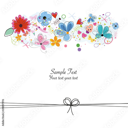 Colorful floral greeting card with abstract decorative flowers, hearts and butterflies