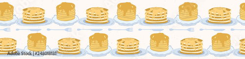 Cute vector homemade pancake day breakfast illustration. Seamless repeating border. Hand drawn stack of delicious pancakes with maple syrup, kawaii knife and fork. Food restaurant menu banner ribbon.