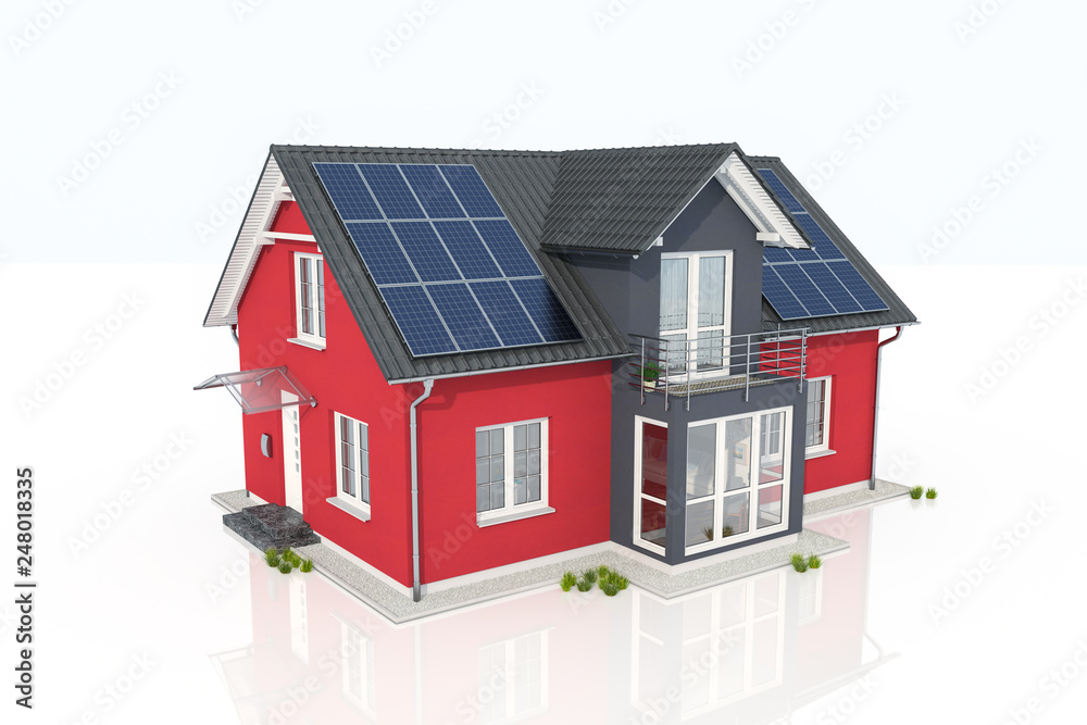 3d Illustration - Einfamilienhaus - schwarz - rot - Solar - Solar Panel