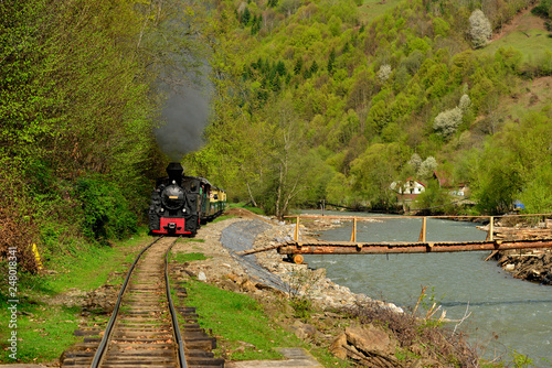 Obraz na płótnie Old Steam train from Maramures county in Romania in spring time w salonie