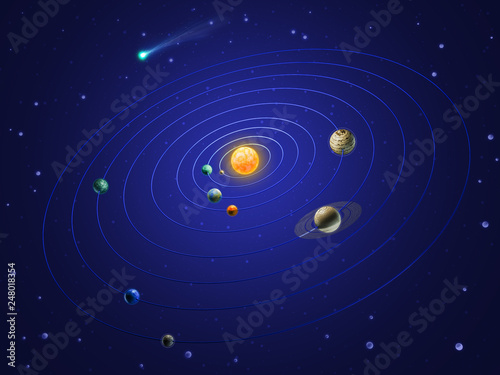3D illustration of our Solar System with planets and asteroid belt on dark background
