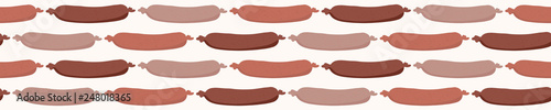 Cute vector sausages cartoon. Seamless repeat border illustration. Hand drawn fast food frankfurter sausage string tied for kitchen foodie blog, snack vendor edging, german restaurant banner ribbon.