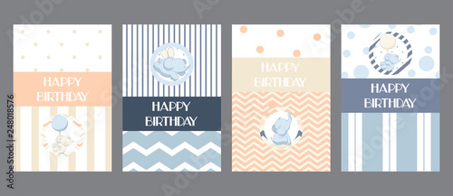 Baby elephant happy birthday card templates set universal and classic design in tender colors for girl, boy and twins photo