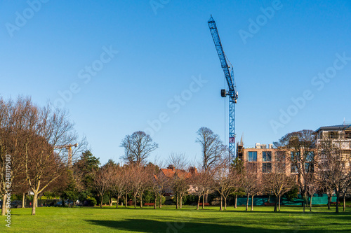 Принти на полотні Construction site with a tower crane lifting building materials needed for the workers, view from Herbert Park