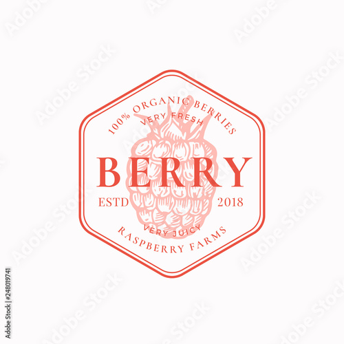 Raspberry Farm Badge or Logo Template. Hand Drawn Berries Sketch with Retro Typography and Borders. Vintage Premium Emblem.