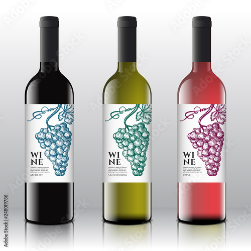 Premium Quality Red, White and Pink Wine Labels Set on the Realistic Vector Bottles. Vintage Typography Design with Hand Drawn Retro Grapes Bunch.
