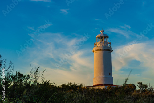 Lighthouse at sunrise, blue sky with clouds and some green plants.