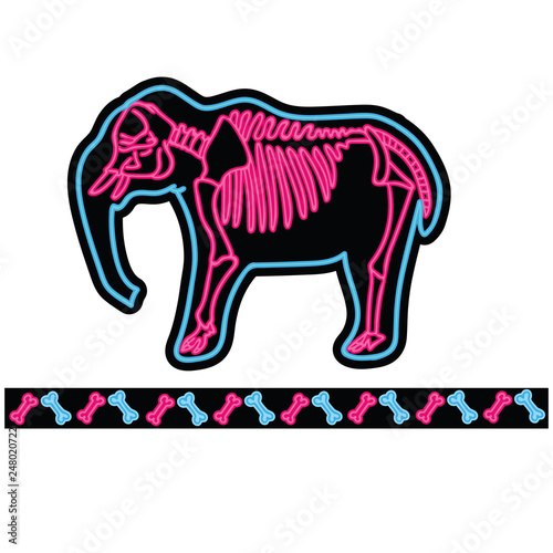 Elephant black neon skeleton vector. cartoon illustration motif set. Hand drawn isolated trendy glowing indian animal skull. clipart for nature blog. natural history bone skeleton graphic,