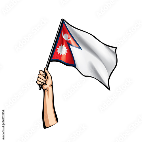 Nepal flag and hand on white background. Vector illustration