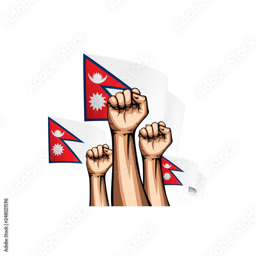 Nepal flag and hand on white background. Vector illustration