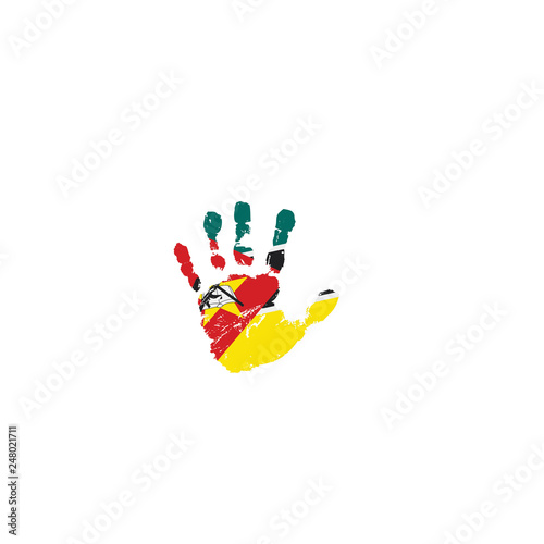 Mozambique flag and hand on white background. Vector illustration
