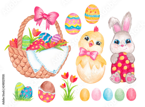 Canvas Print Watercolor Easter set Bunny Chick Basket with eggs Spring flowers Hand drawn