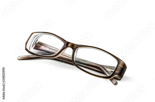 Stylish woman glasses standing closed on white background