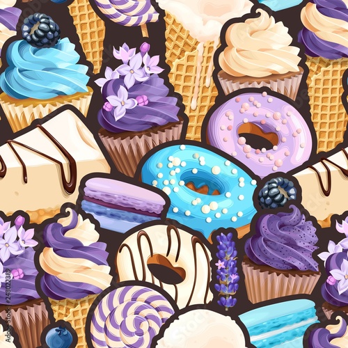 Seamless pattern with lilac and blue sweets