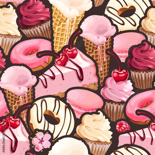 Seamless pattern with pink and white sweets