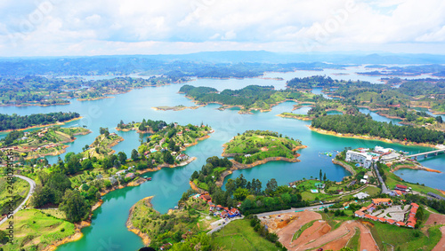 Panoramic landscape of the lake of Guatape from Rock of Guatape, Piedra Del Penol, in Medellin area, Colombia