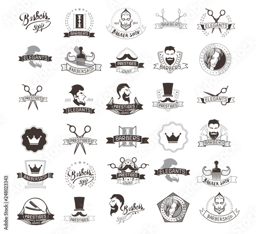Set of vintage barbershop emblems, labels, badges, logos. Collection of hand drawn barbershop tools and accessories with hipster model man.