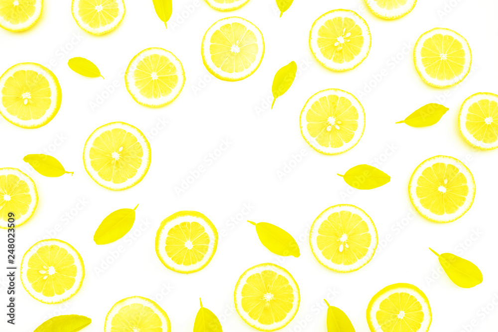 Top view of lemon and leaves on white color background.concepts ideas of fruit,vegetable.healthy eating