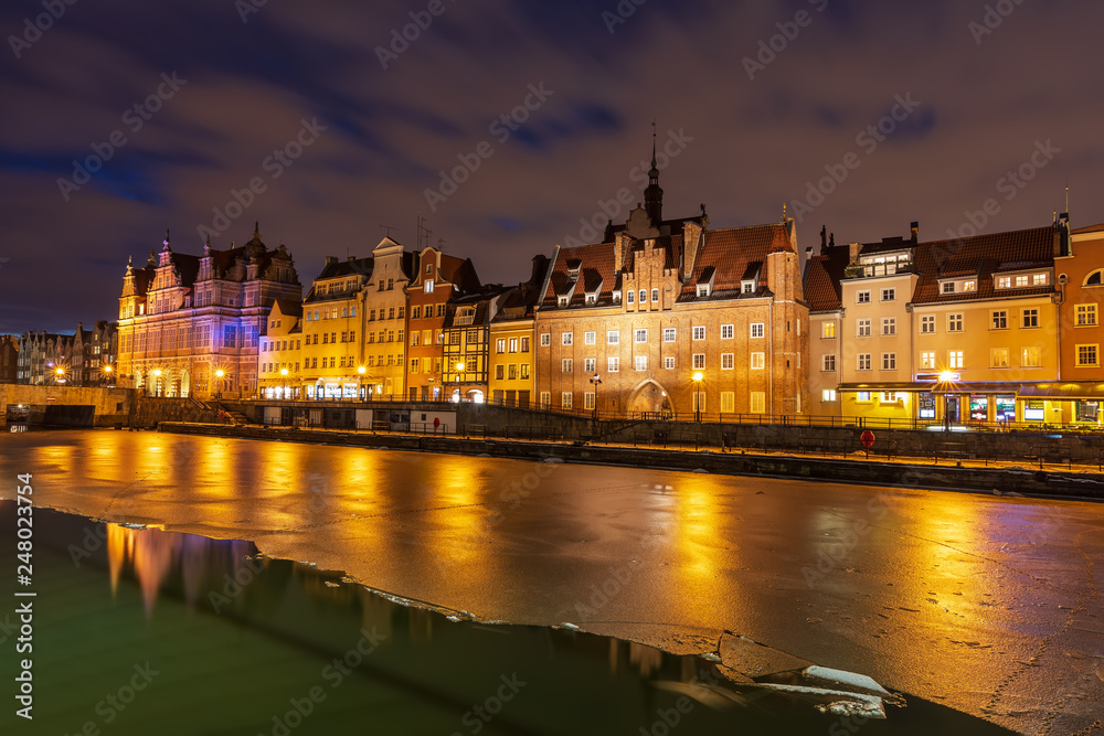 Gdansk embankment of the Motlawa river, Poland, night view