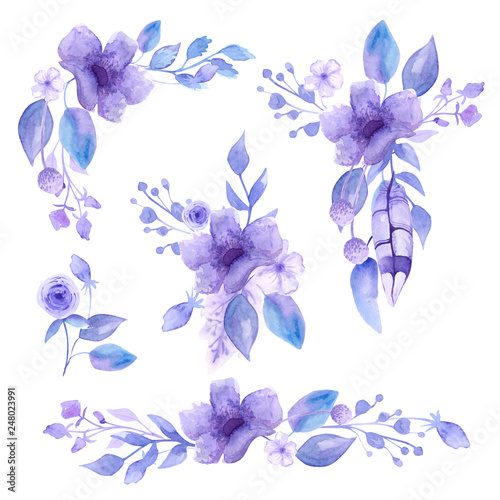 Fototapeta Naklejka Na Ścianę i Meble -  Watercolor compositions and bouquets of watercolor tender lilac flowers. For registration of cards, notebooks, invitation. Isolates.