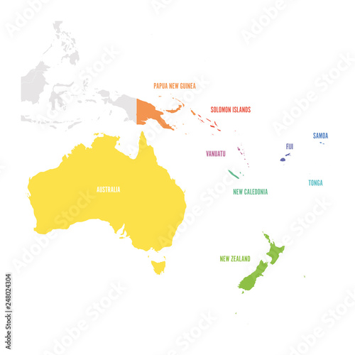 Australia and Oceania Region. Colorful map of countries in South Pacific Ocean. Vector illustration
