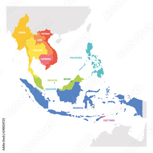 Southeast Asia Region. Colorful map of countries in southeastern Asia. Vector illustration