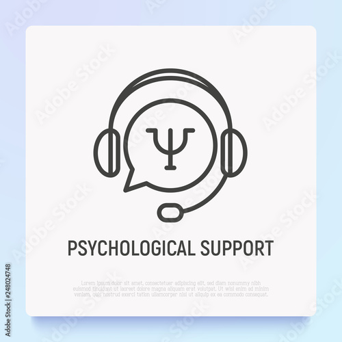 Psychological support thin line icon: headset with speech bubble. Medical help by phone. Modern vector illustration.